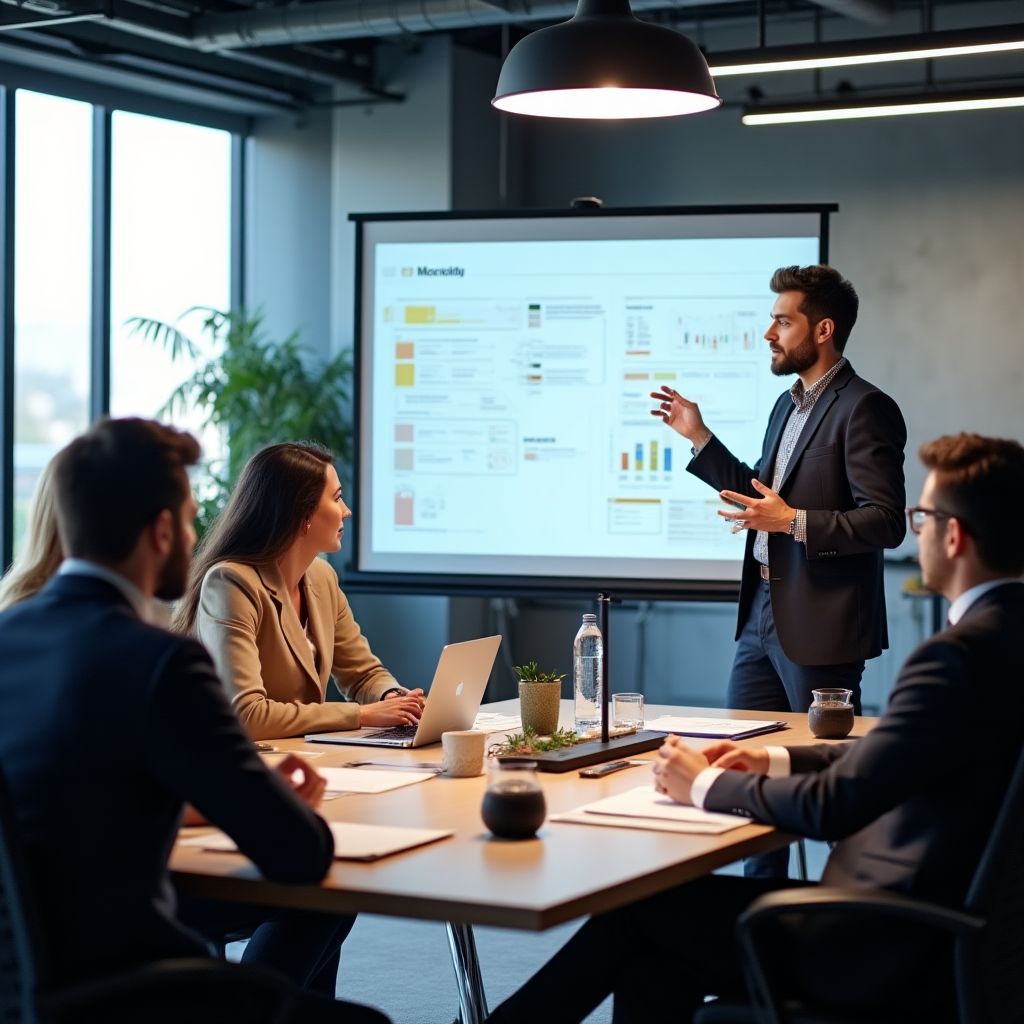 Business coach explaining mission and vision to entrepreneurs